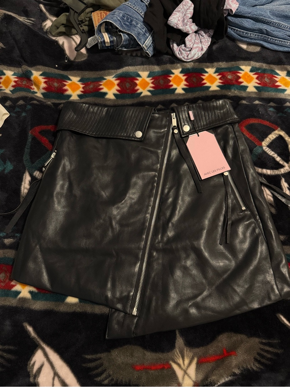 Avec Les Filles Black Leather Asymmetrical Zip Mini Skirt with Pink Tag